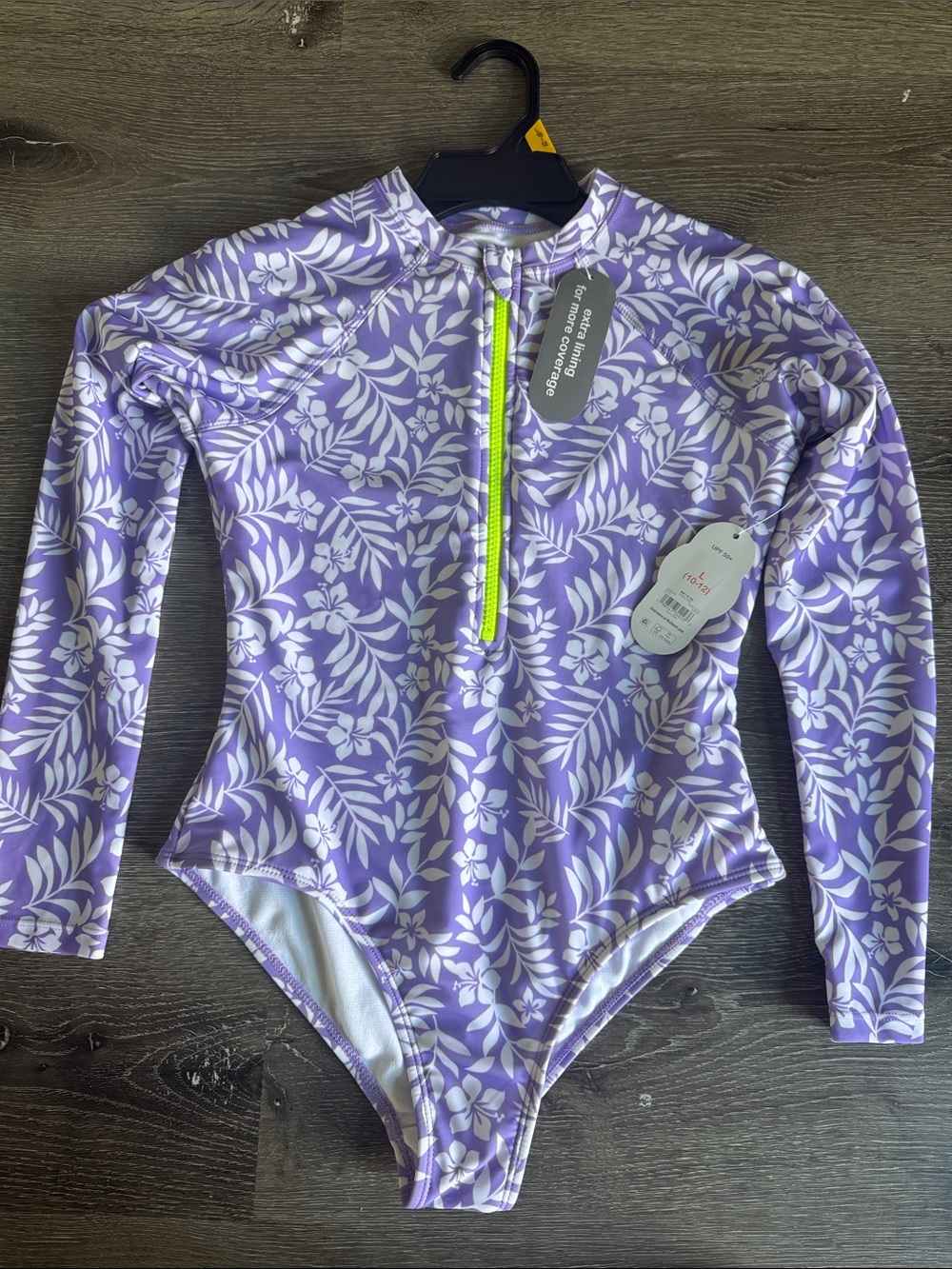 wonder nation Lavender and White Floral Long-Sleeve Swim Rashguard with Neon Zip